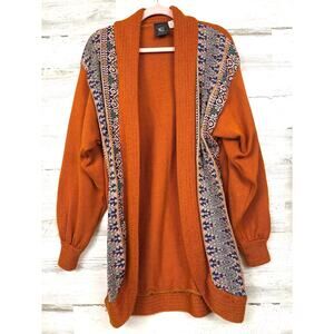 KS Collection Womens L Rust Orange Multi Tapestry Fringe Knit Cardigan Sweater